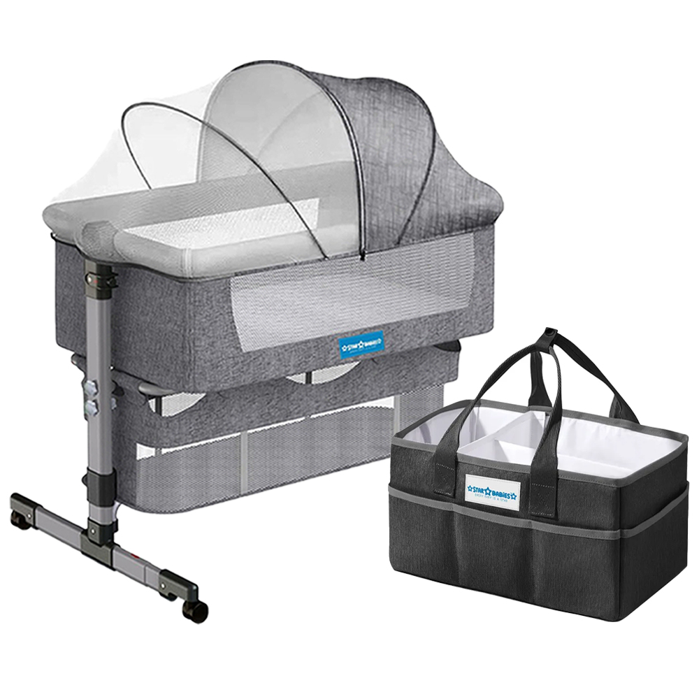 Star Babies - Baby Bedside Crib With Caddy Diaper Organizer - Black/Grey - Pack Of 2