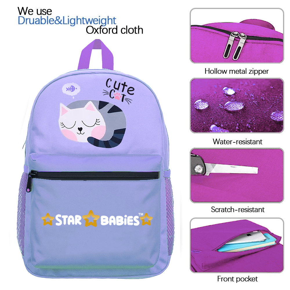 Star Babies - School Backpack & Stainless Steel Water Bottle Set - Cute Cat - 2 Pcs