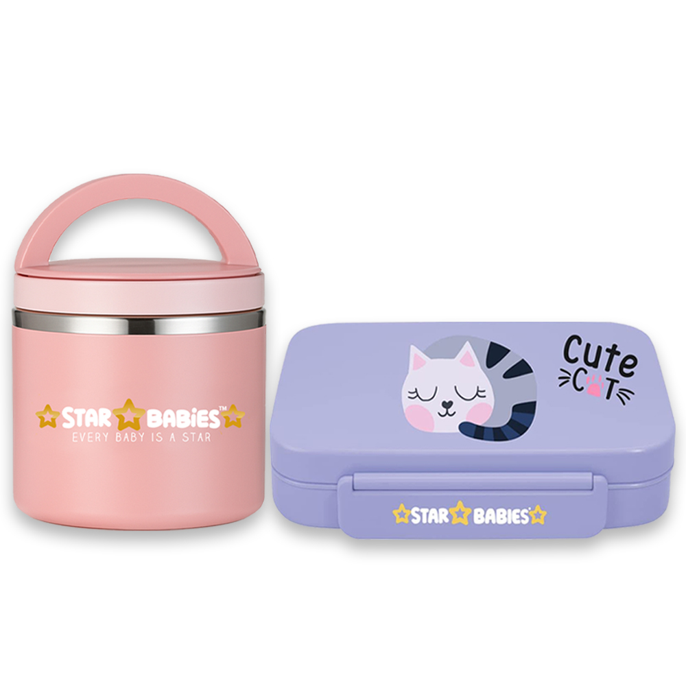 ستار بيبيز - صندوق غداء بينتو 5 أقسام تصميم قطة لطيفة - برطمان طعام من الستانلس ستيل سعة ٥٠٠ مل
