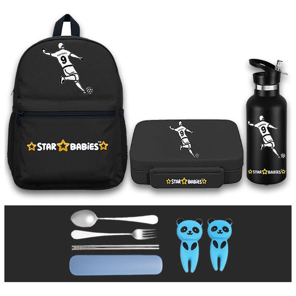 Star Babies - Backpack, Stainless Steel Water Bottle & Bento Lunch Box Set - Football - 3 Pcs with Free Fruits picks, Spoon & Fork set