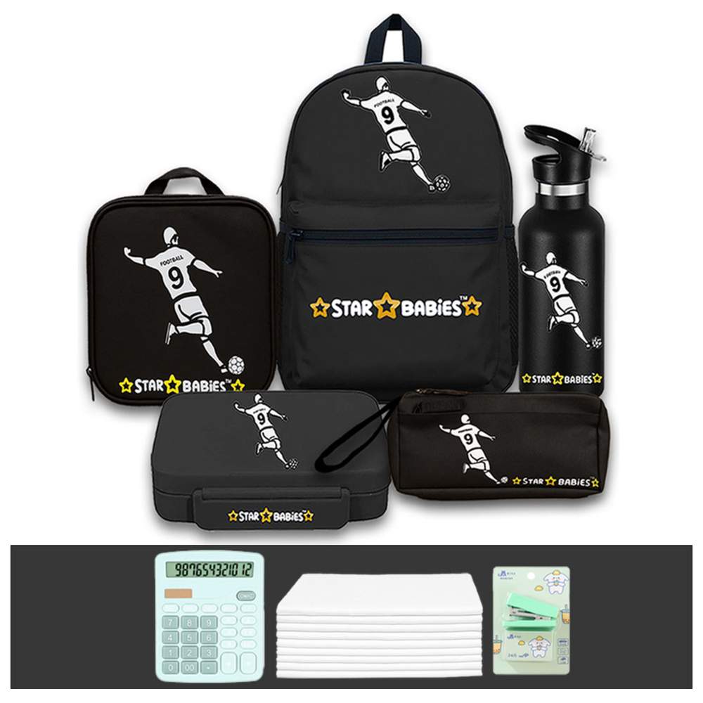 Star Babies - Backpack, Water Bottle, Lunch Bag & Box With Pencil Case Set - Football - 5 Pcs with Free Calculator, Disposable towel 10pcs, Stapler