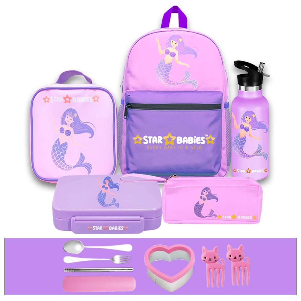 Star Babies - Backpack, Water Bottle, Lunch Bag & Box With Pencil Case Set - Little Mermaid - 5 Pcs with Free Fruits Picks, Sandwich Cutter and Spoon & fork Set