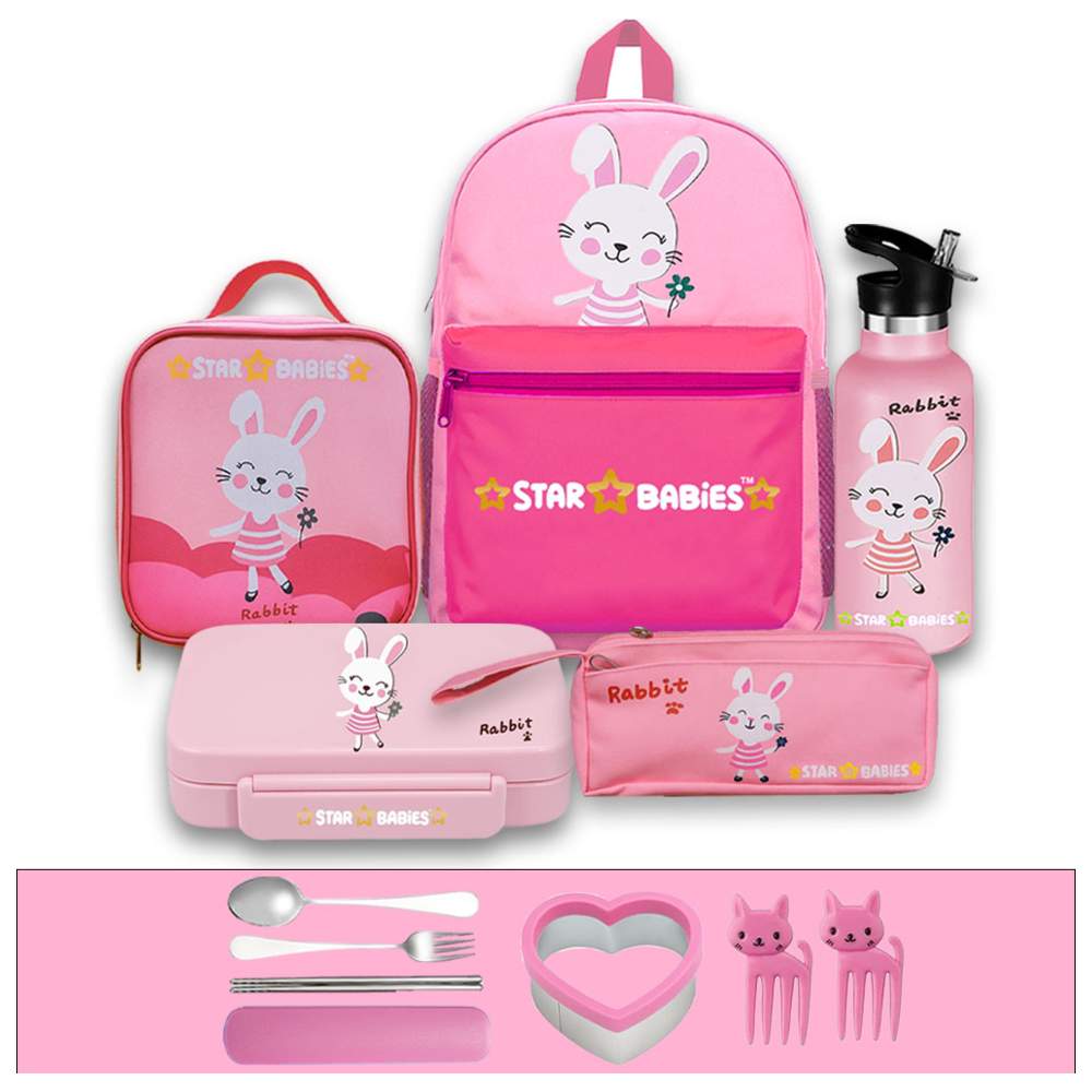 Star Babies - Backpack, Water Bottle, Lunch Bag & Box With Pencil Case Set - Cute Rabbit - 5 Pcs with Free Fruits Picks 2pcs, Sandwich Cutter and Spoon and frok set