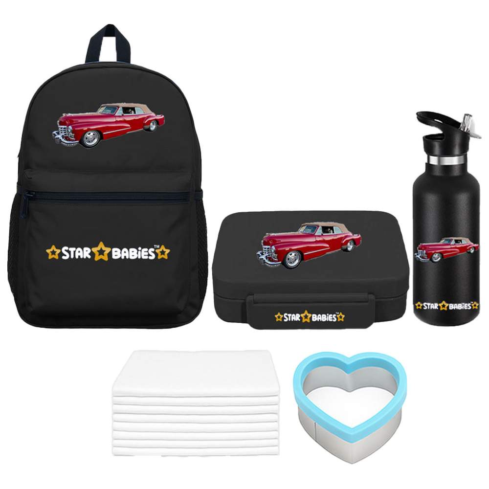 Star Babies - Backpack, Stainless Steel Water Bottle & Bento Lunch Box Set - Retro Car - 3 Pcs with Free Sandwich Cutter, Disposable towel 10pcs
