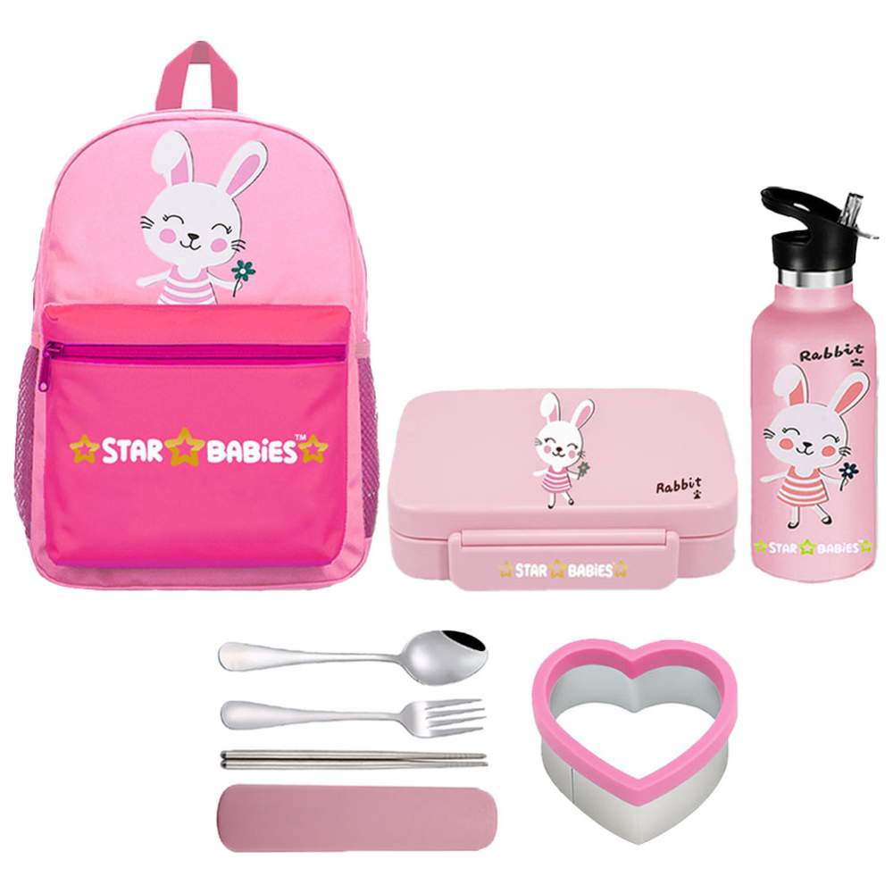 Star Babies - Backpack, Stainless Steel Water Bottle & Bento Lunch Box Set - Cute Rabbit - 3 Pcs with Free Sandwich cutter, Spoon & fork Set