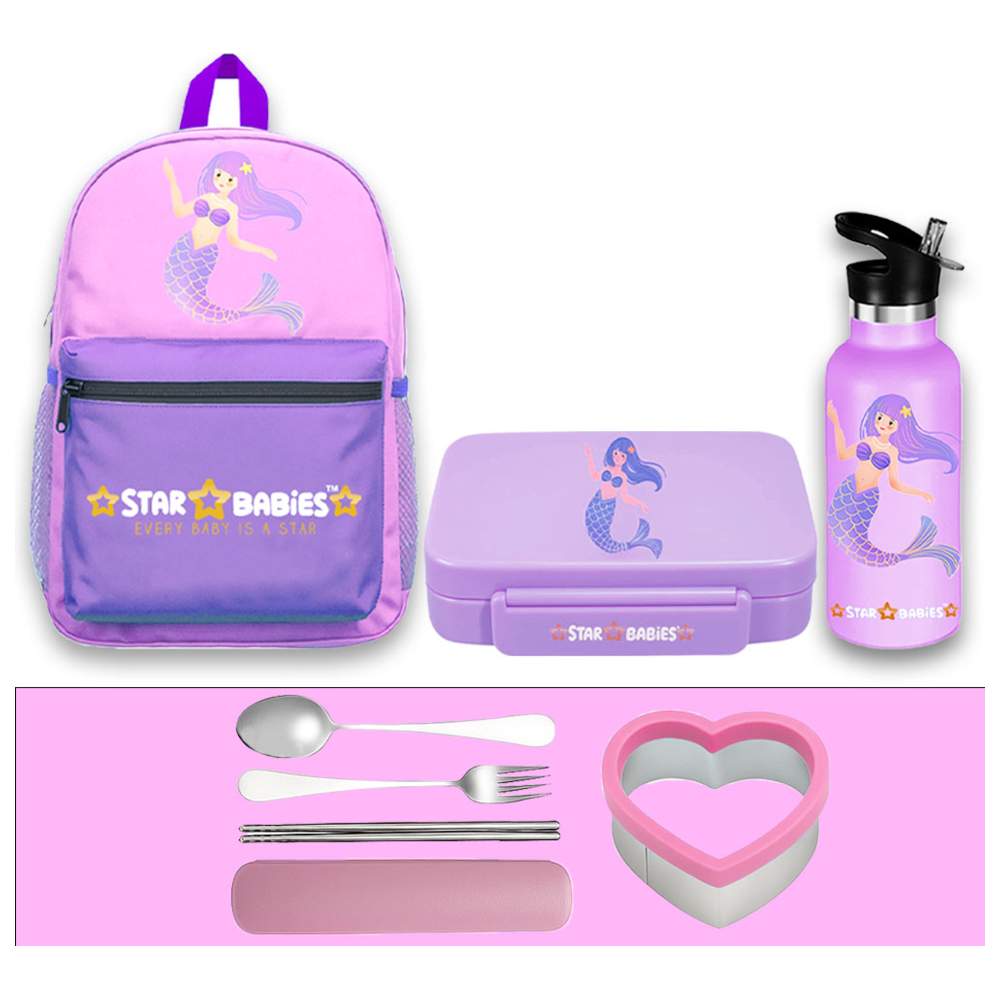 Star Babies - Backpack, Stainless Steel Water Bottle & Bento Lunch Box Set - Little Mermaid - 3 Pcs with Free Sandwich Cutter, Spoon & fork Set