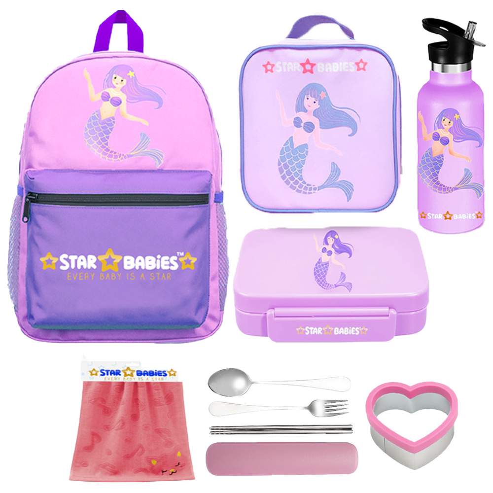 Star Babies - School Backpack, Water Bottle, With Insulated Lunch Bag & Box Set - Little Mermaid - 4 Pcs with Free Face Towel, Spoon & fork Set,  Sandwich cutter