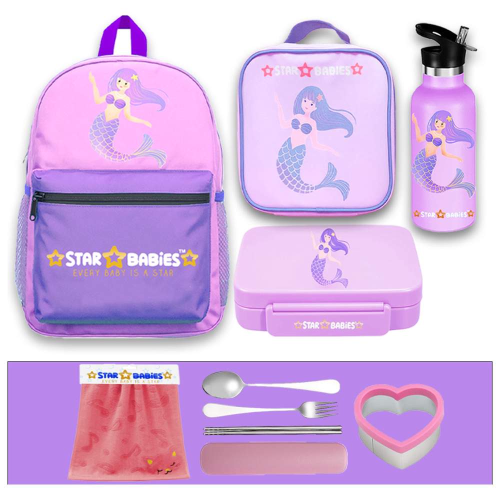 Star Babies - School Backpack, Water Bottle, With Insulated Lunch Bag & Box Set - Little Mermaid - 4 Pcs with Free Face Towel, Spoon & fork Set,  Sandwich cutter