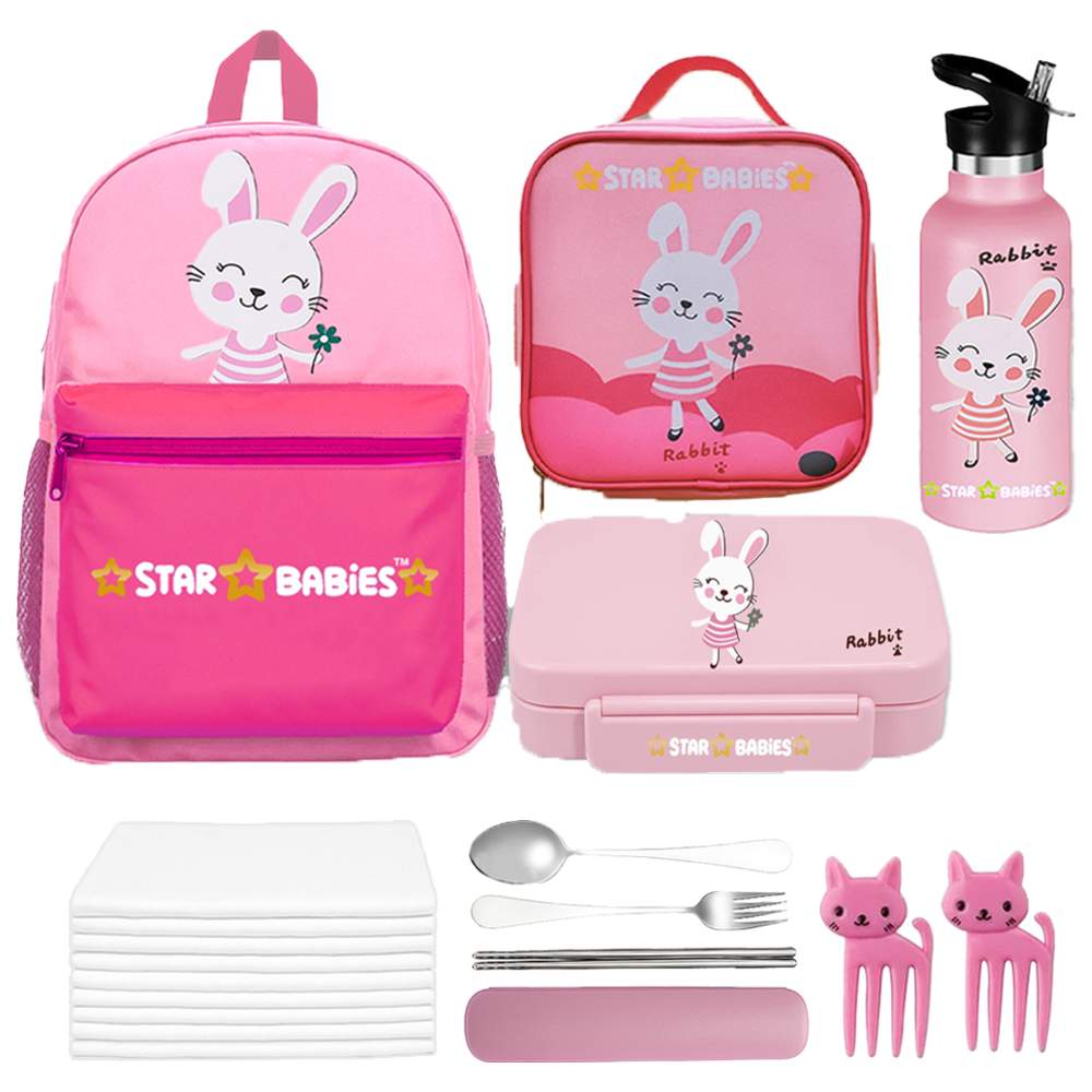 Star Babies - School Backpack, Water Bottle, With Insulated Lunch Bag & Box Set - Cute Rabbit - 4 Pcs with Free Disposable Towel 10pcs, Spoon & fork Set, Sandwich Cutter