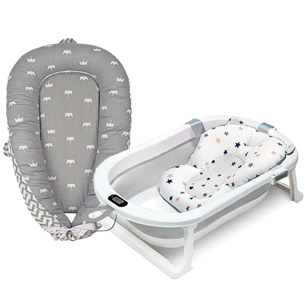 Star Babies - Portable Lounger Sleeping Pod - Grey Stripe With Foldable Bathtub - Grey