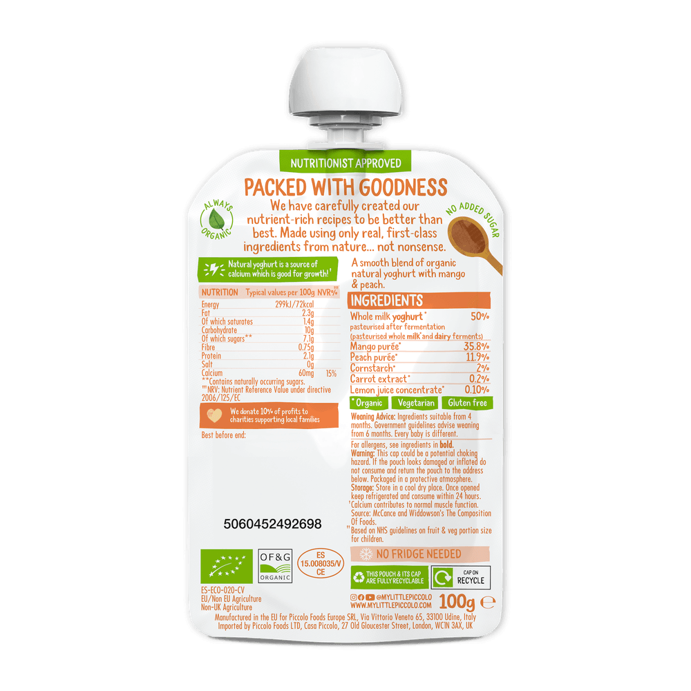 Piccolo - Organic Natural Yoghurt, Mango & Peach Baby Food - 100 gm