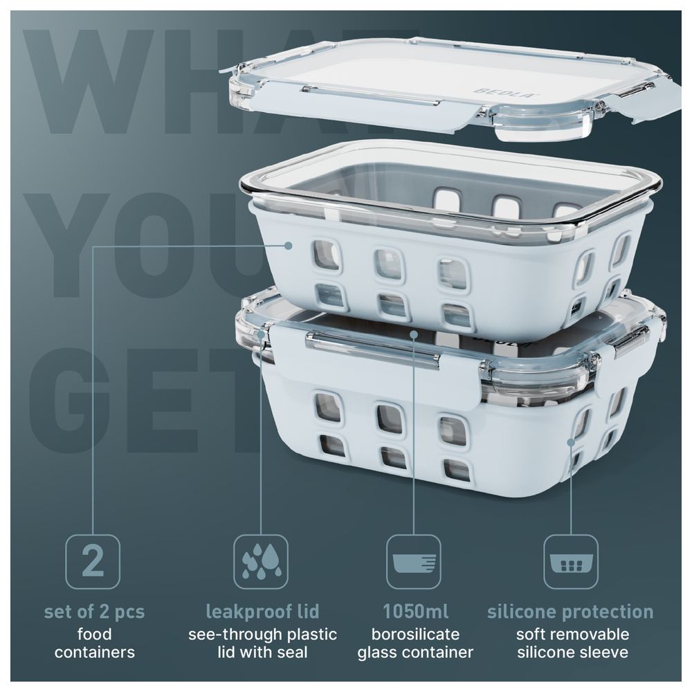 Beola - Borosilicate Glass Meal Prep Food Containers - Ice Blue - Pack of 2 - 1050 ml