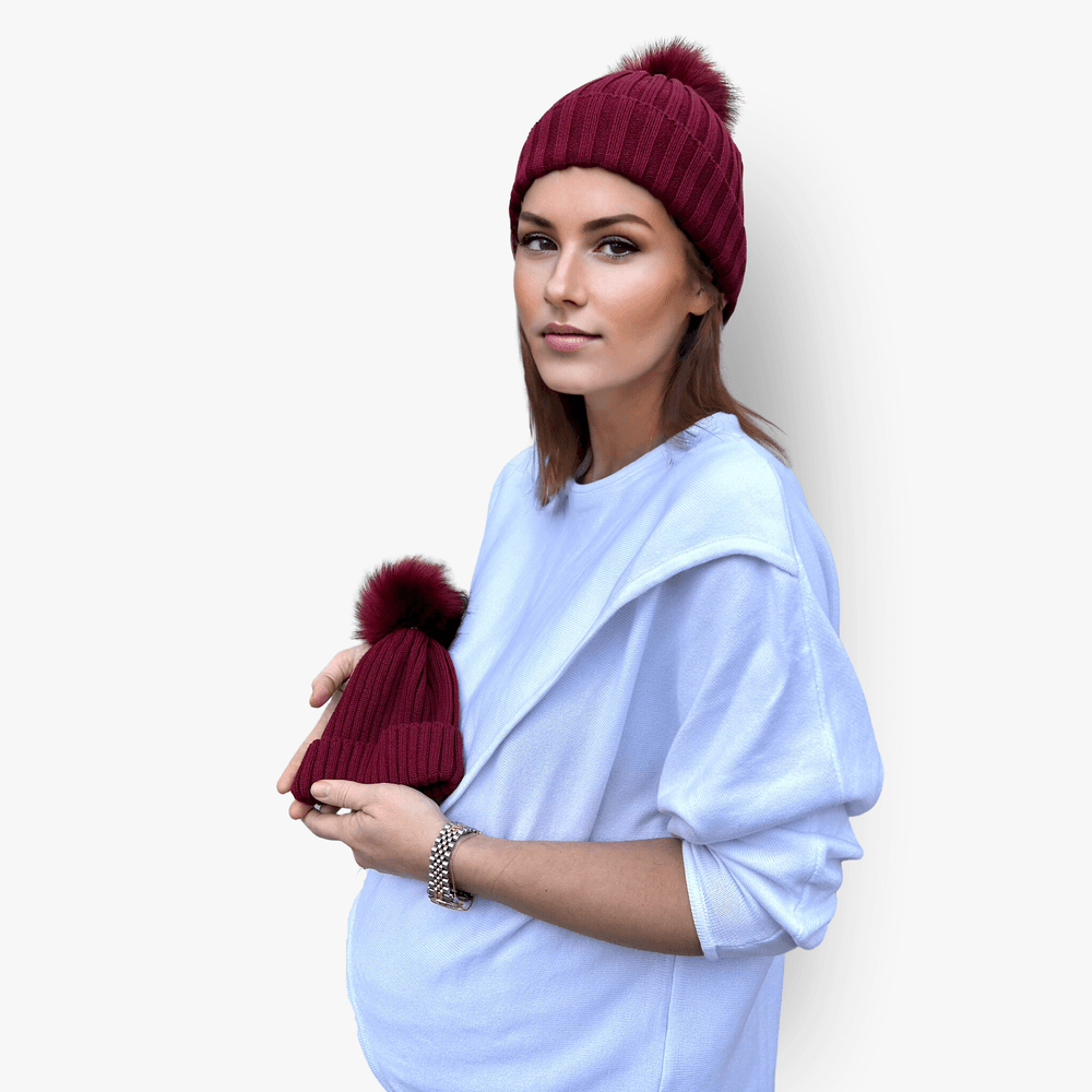 أكاوشي - طقم قبعات للأم والطفل - خمري - قطعتان