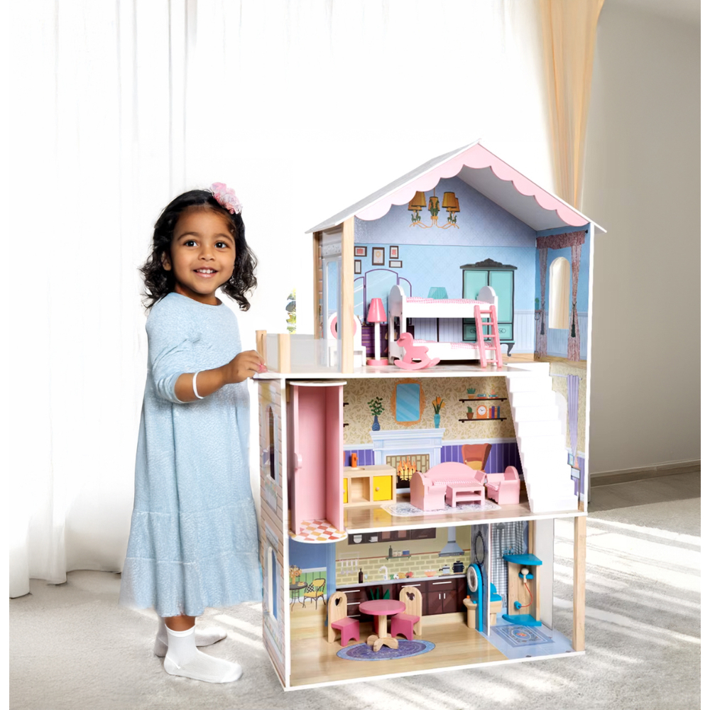 Little Learners - Summer Villa Wooden Dollhouse with 80-Piece Furniture Set