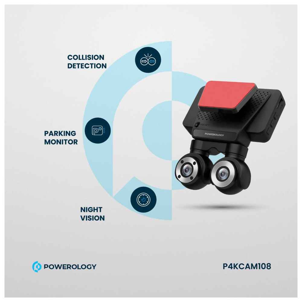 Powerology - Dual Lens Dash Camera With Collision Detection - Black