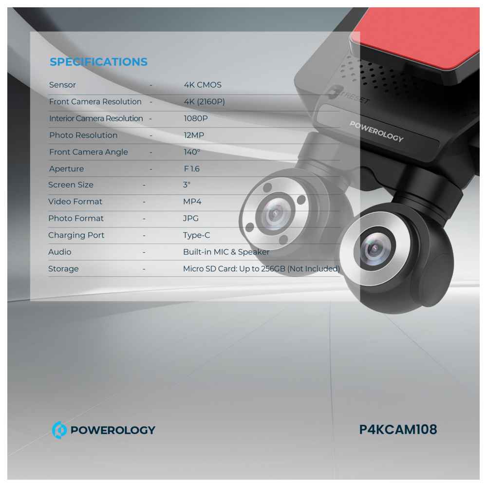 Powerology - Dual Lens Dash Camera With Collision Detection - Black