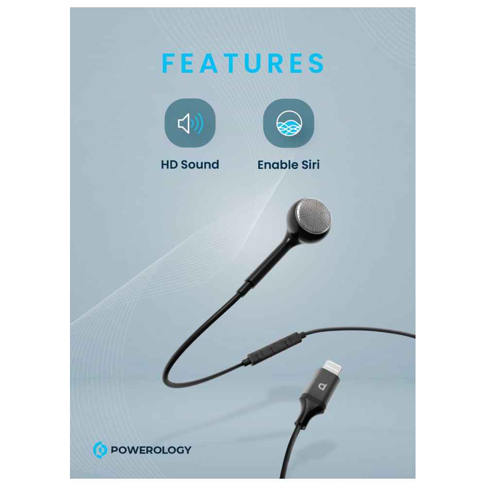 Powerology - Mono Earphones With Lightning Connector - Black - 1.2m