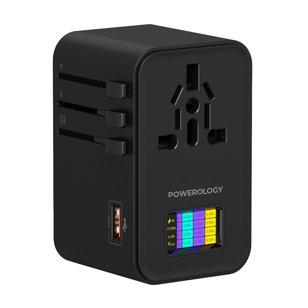 Powerology - Gan Universal Charger With 4 Ports & AC Sockets - Black - 75 W