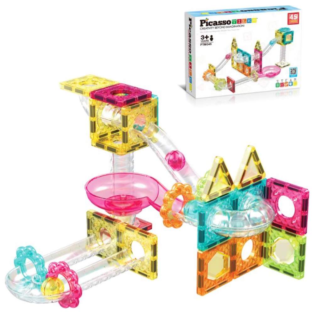 بيكاسو تايلز - مجموعة تركيب مسار مرات رخامية مغناطيسية صغيرة - 45 قطعة