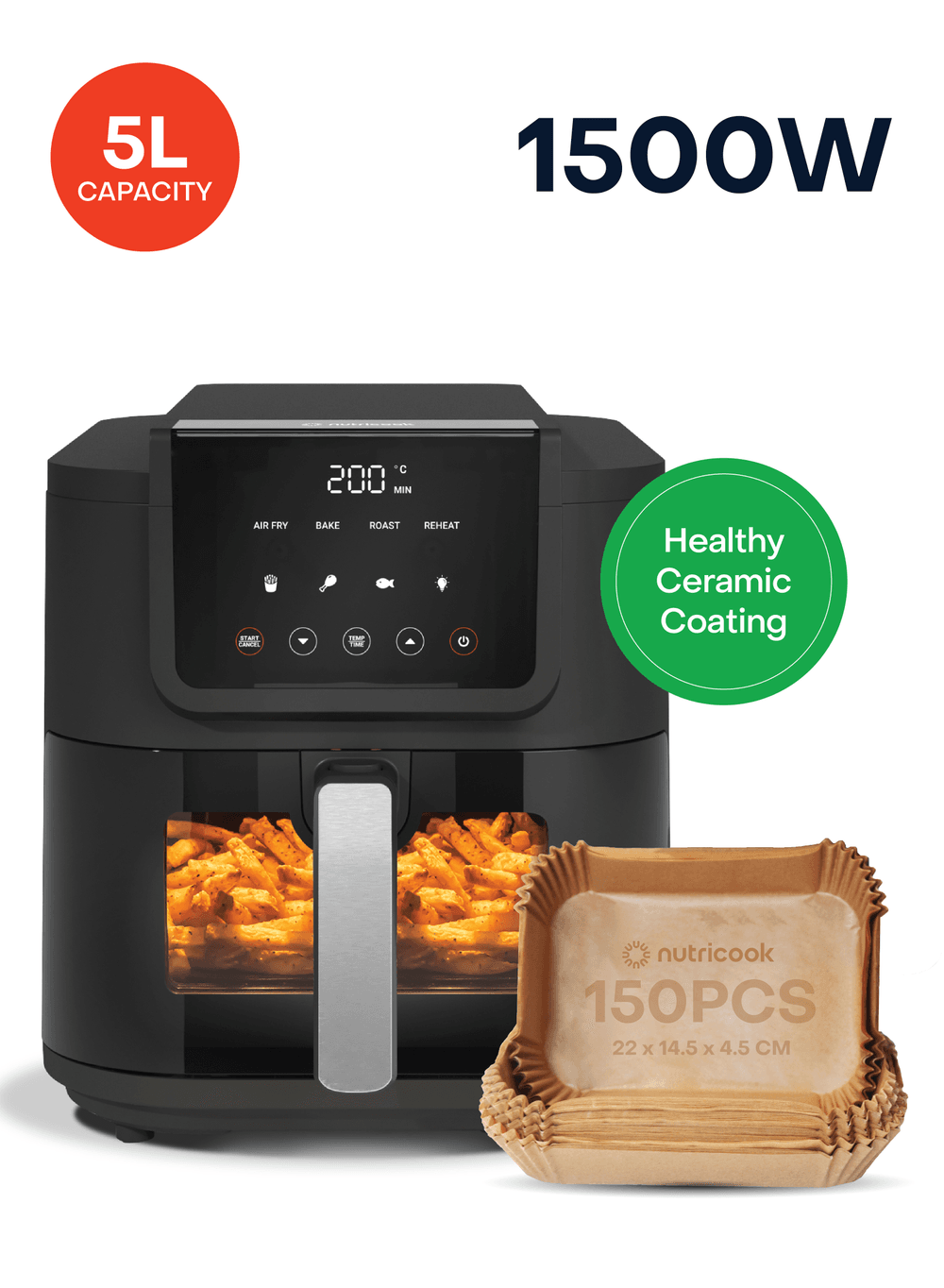 نيوتري كوك - قلاية هوائية سليم - أسود - 1500 واط - 5 لتر