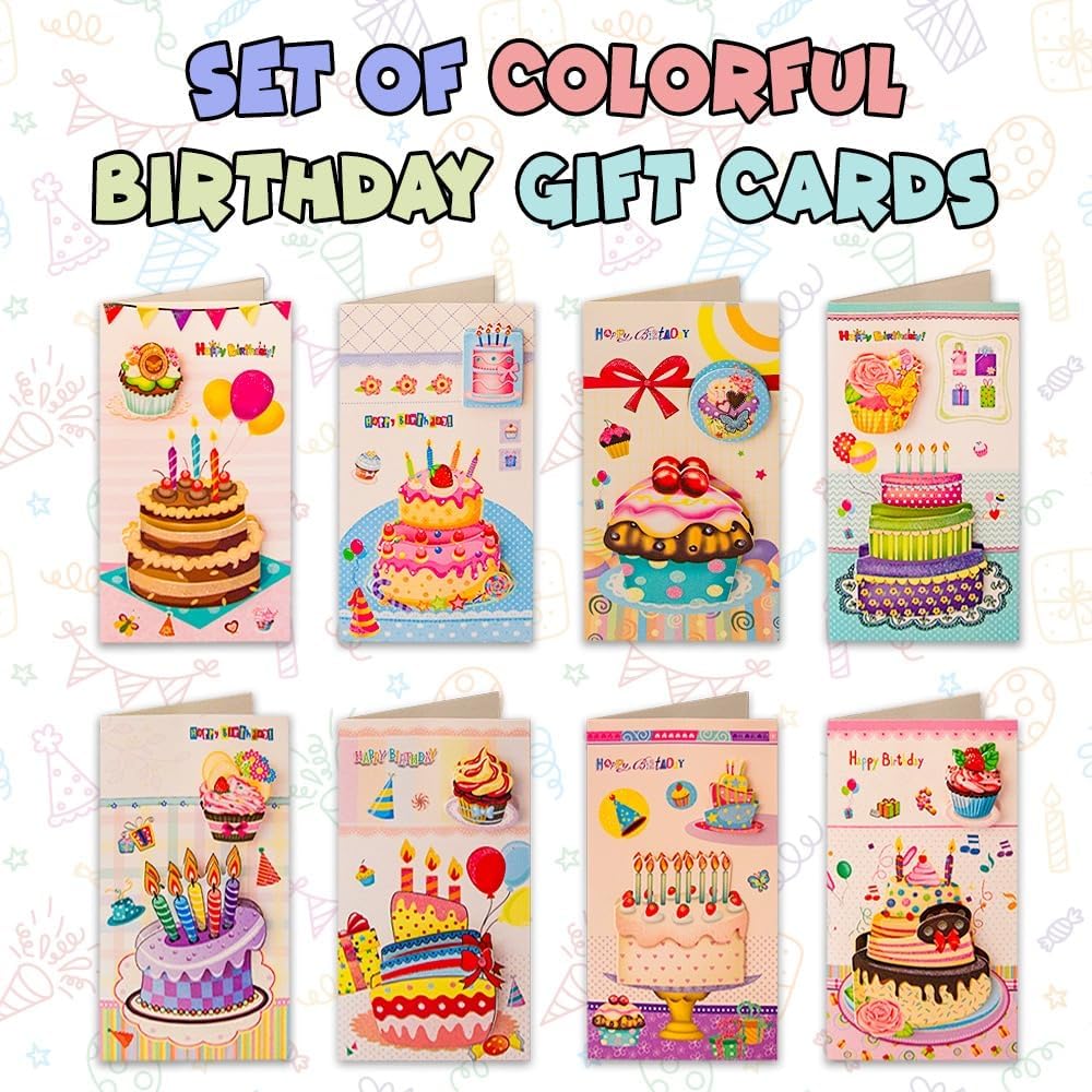 يو كي آر - مجموعة بطاقات تهنئة عيد ميلاد ثلاثية الأبعاد 8 قطع - بطاقات منبثقة كبيرة 9 إنش مع أظرف - ألوان متنوعة (مجموعة ب)