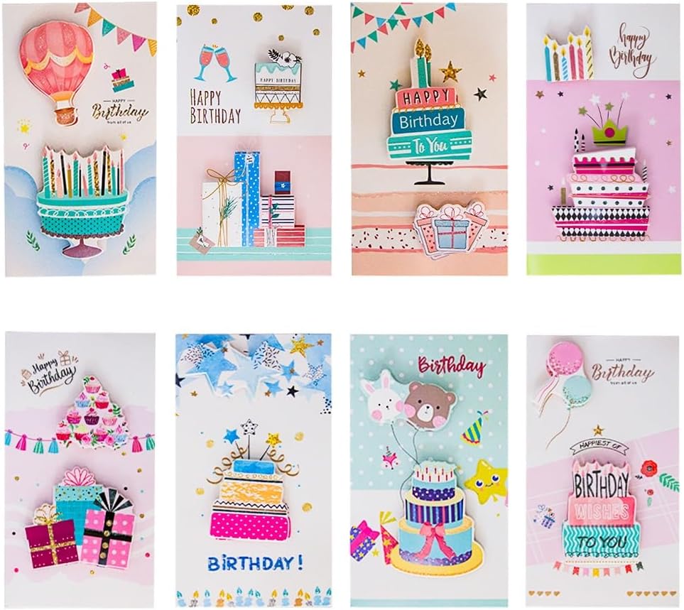 يو كي آر - مجموعة بطاقات تهنئة عيد ميلاد ثلاثية الأبعاد 8 قطع - بطاقات منبثقة كبيرة 9 إنش مع أظرف - ألوان متنوعة (مجموعة د)