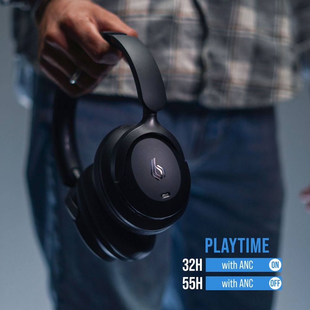 Blupebble - C80 Over-Ear Foldable Digital Noise Cancelling Ergonomic Headphones - Black