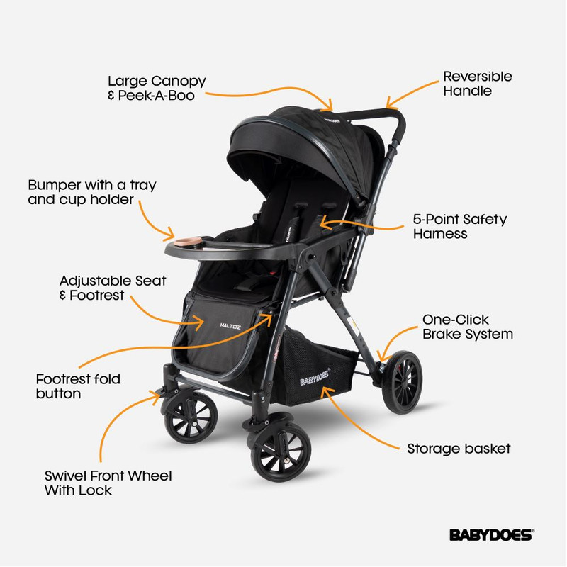 Babydoes - Maltoz Baby Stroller With Five-Point Harness - Black