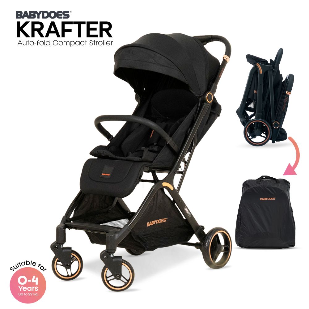 Babydoes Krafter - Autofold Compact Stroller, 0-4Y (22 kg) - Black
