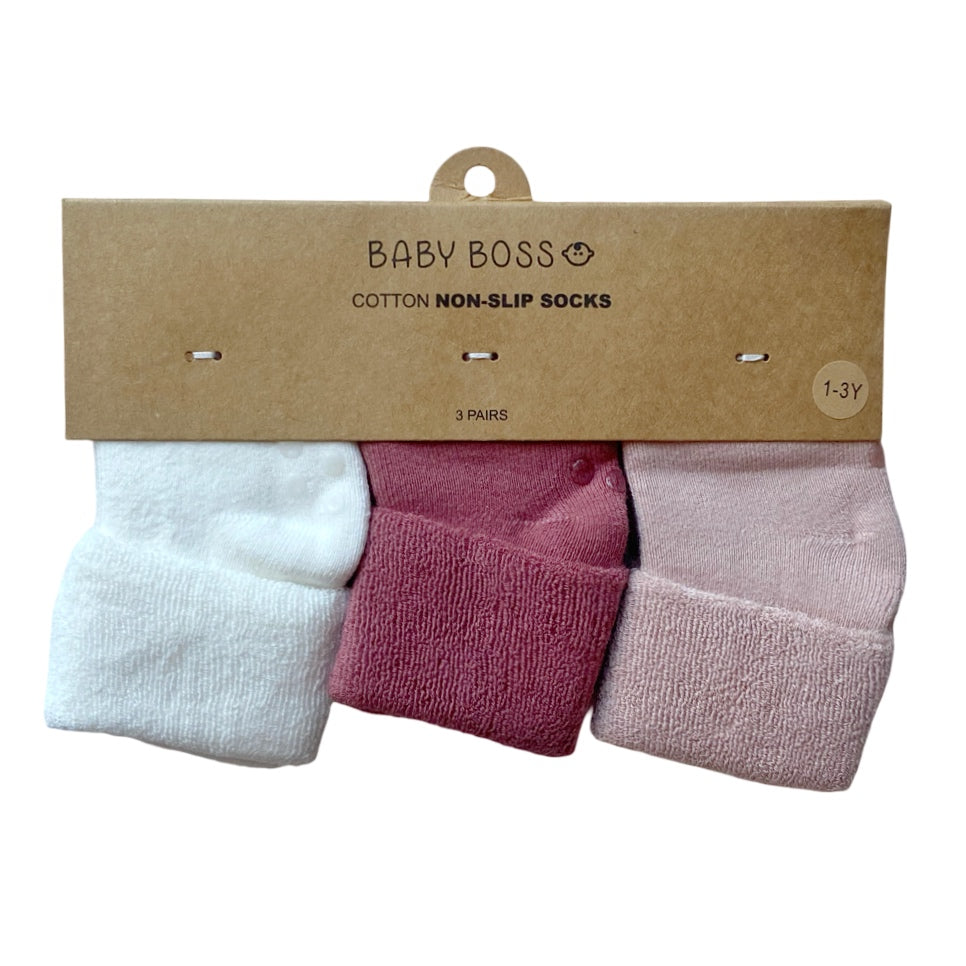 Baby Boss - 3pc-Set - Cotton Non-slip Socks - White/Fuschia/Pink
