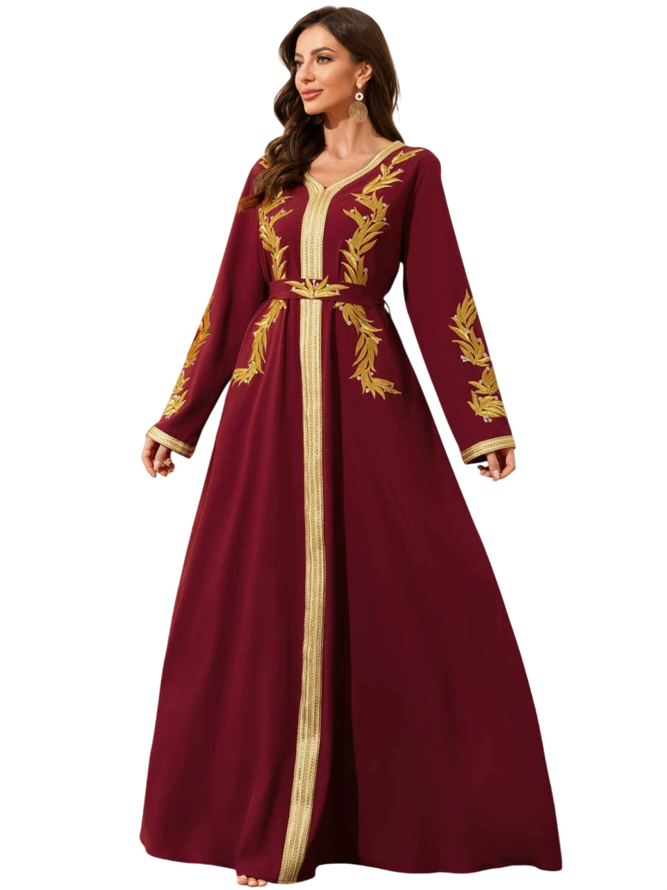 بيداني - قفطان بأكمام جرس بنقشة زهور البحر الأبيض المتوسط ​​- كستنائي