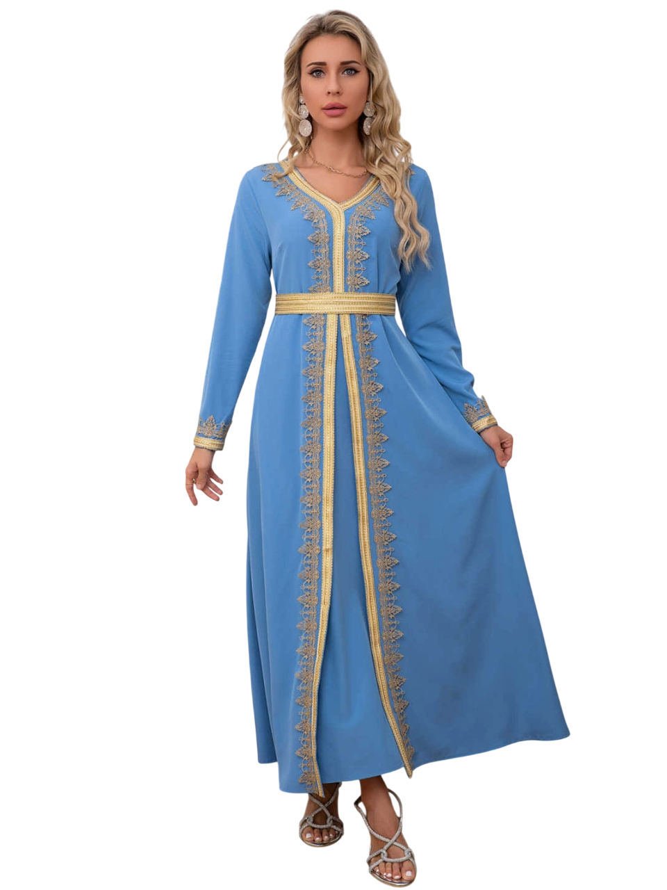 بيداني - قفطان هادئ بتفاصيل شبكية ذهبية - أزرق سماوي