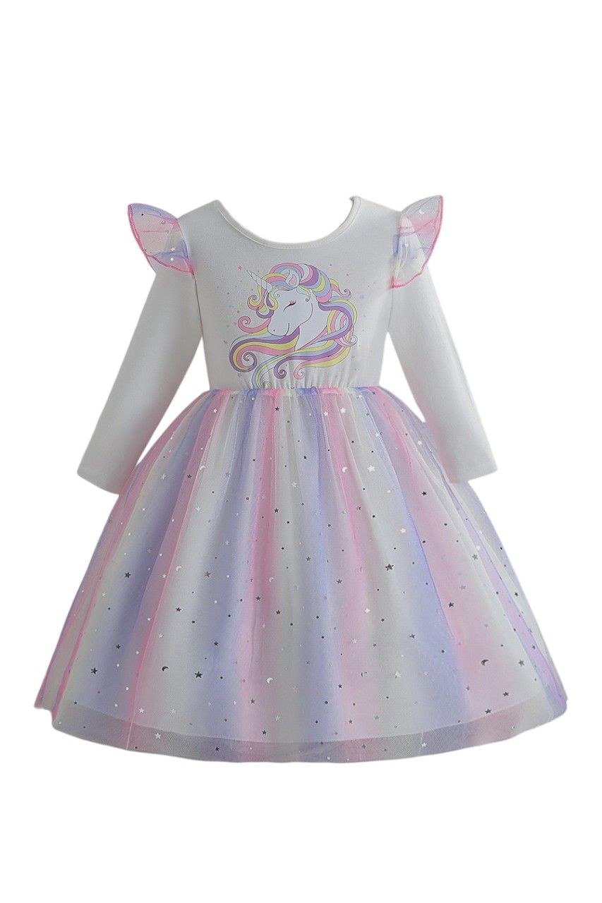 دي دانييلا - فستان يونيكورن ستارلايت سباركل للبنات - أبيض