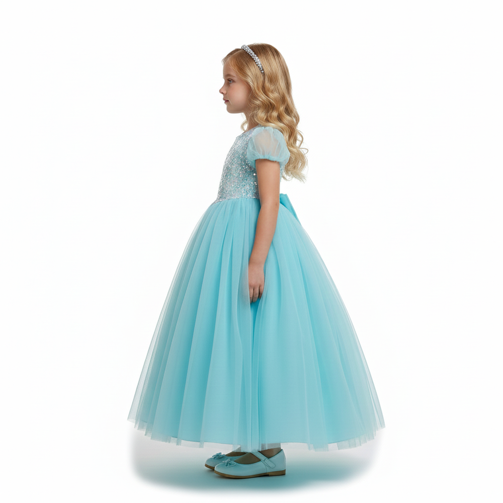 فستان بيداني - فستان بناتي أنيق بياقة دائرية - أزرق سماوي