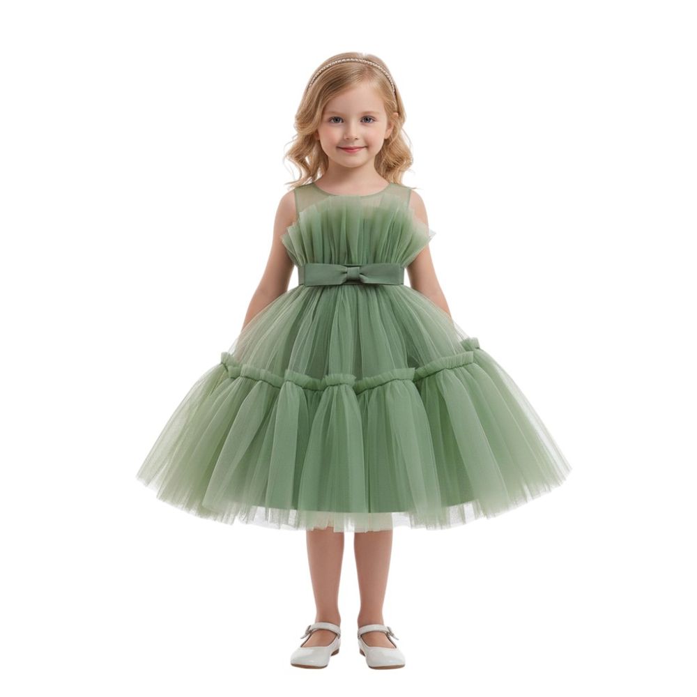 فستان بيداني - فستان أنيق برقبة دائرية للبنات - زيتوني