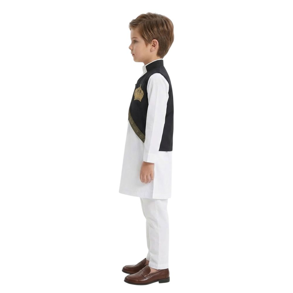 بيداني - طقم من 3 قطع - قميص ملكي مطرز للأولاد مع صدرية وبنطال - أبيض/أسود