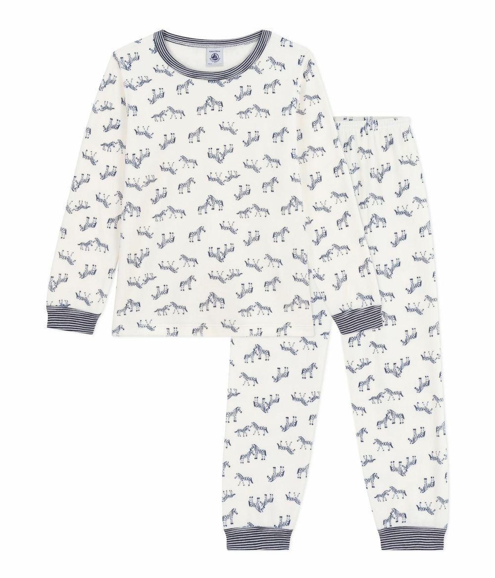 بيتي باتو - طقم قطعتين - بلوزة وبنطال بيجامة قطيفة للأولاد - حمار وحشي - حليبي وسواري