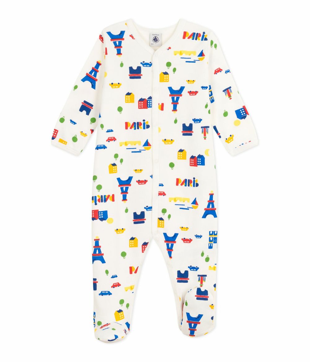 Petit Bateau - Baby's Paris Printed Pyjama Sleepsuit - Marshmallow White/Multicolor