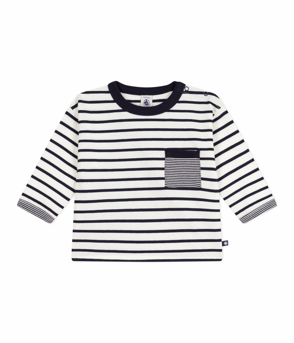 بيتي باتو - تي شيرت مخطط قطن مخطط للأولاد الرضع - أبيض مارشميلو/أزرق مدخن