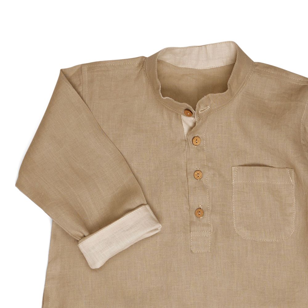 Maison Tini - Full Sleeves Linen Thobe - Dark Beige