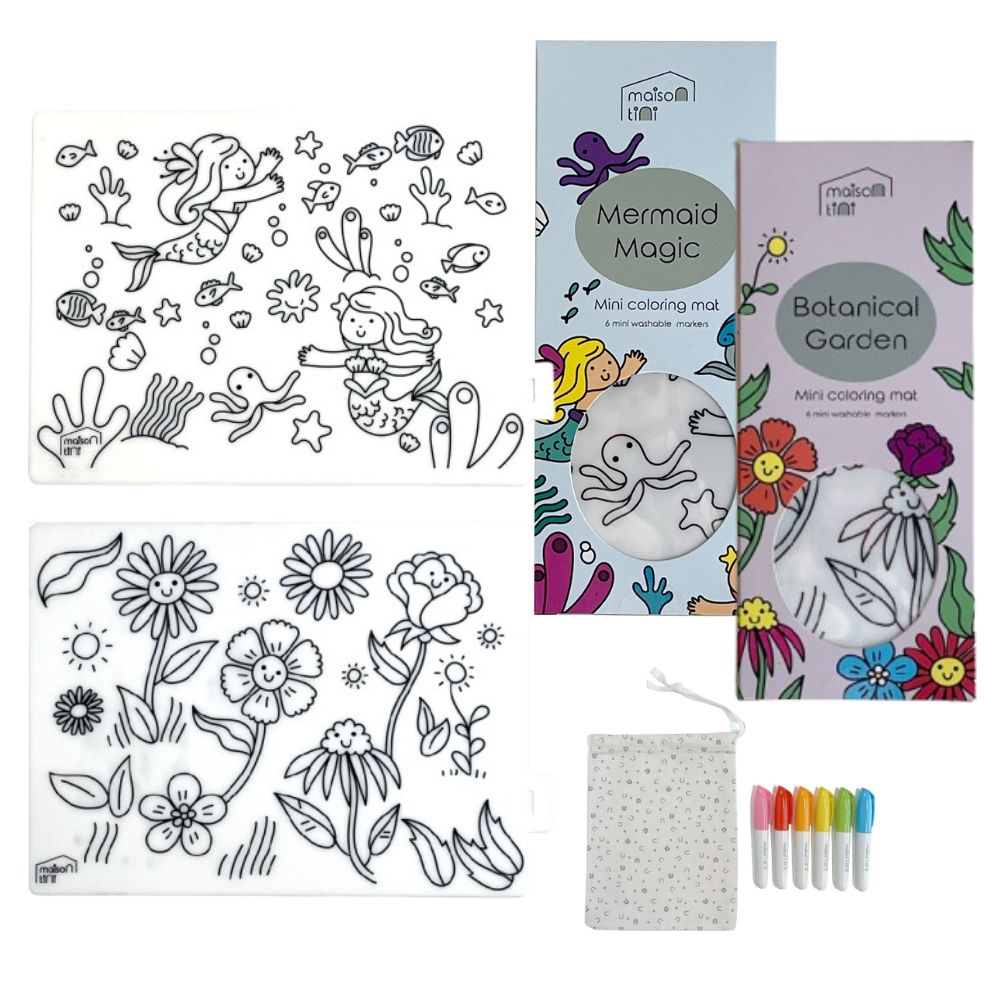 Maison Tini - Mini Coloring Placemats - Mermaid And Botanical Garden - 2 Pcs