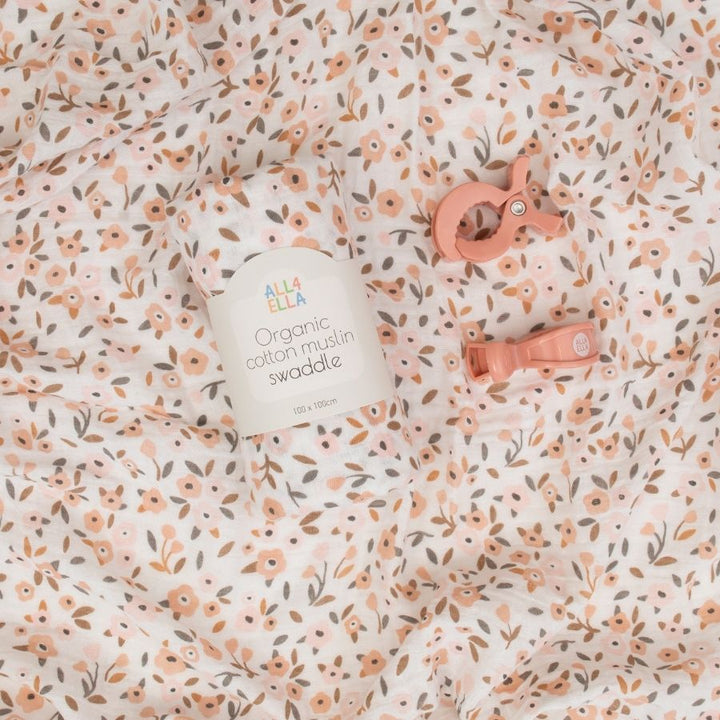 All4Ella - Muslin and 2 Pram Peg Gift Set - Floral Bouquet
