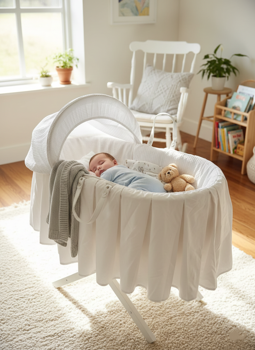 Kinder Valley Pleated Waffle Moses Basket With Opal Folding Stand - White - 2 Pcs