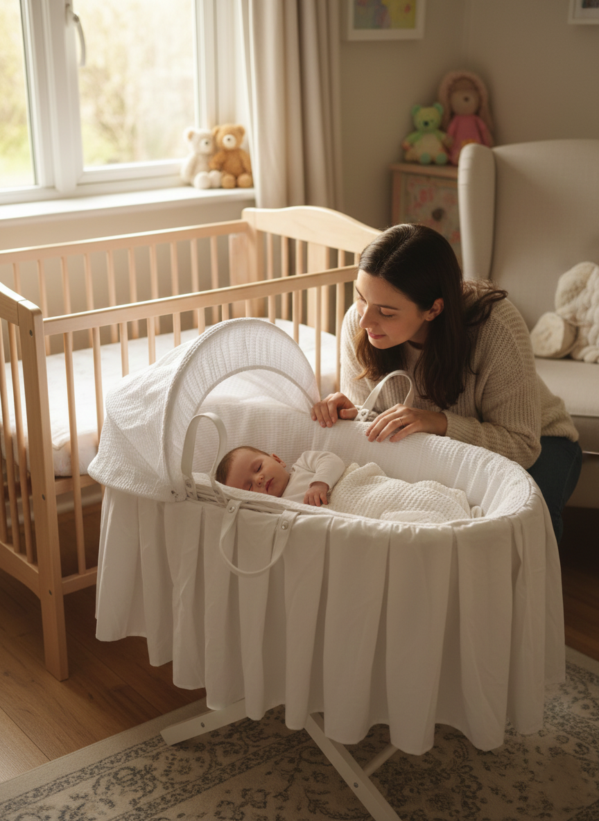 Kinder Valley Pleated Waffle Moses Basket With Opal Folding Stand - White - 2 Pcs