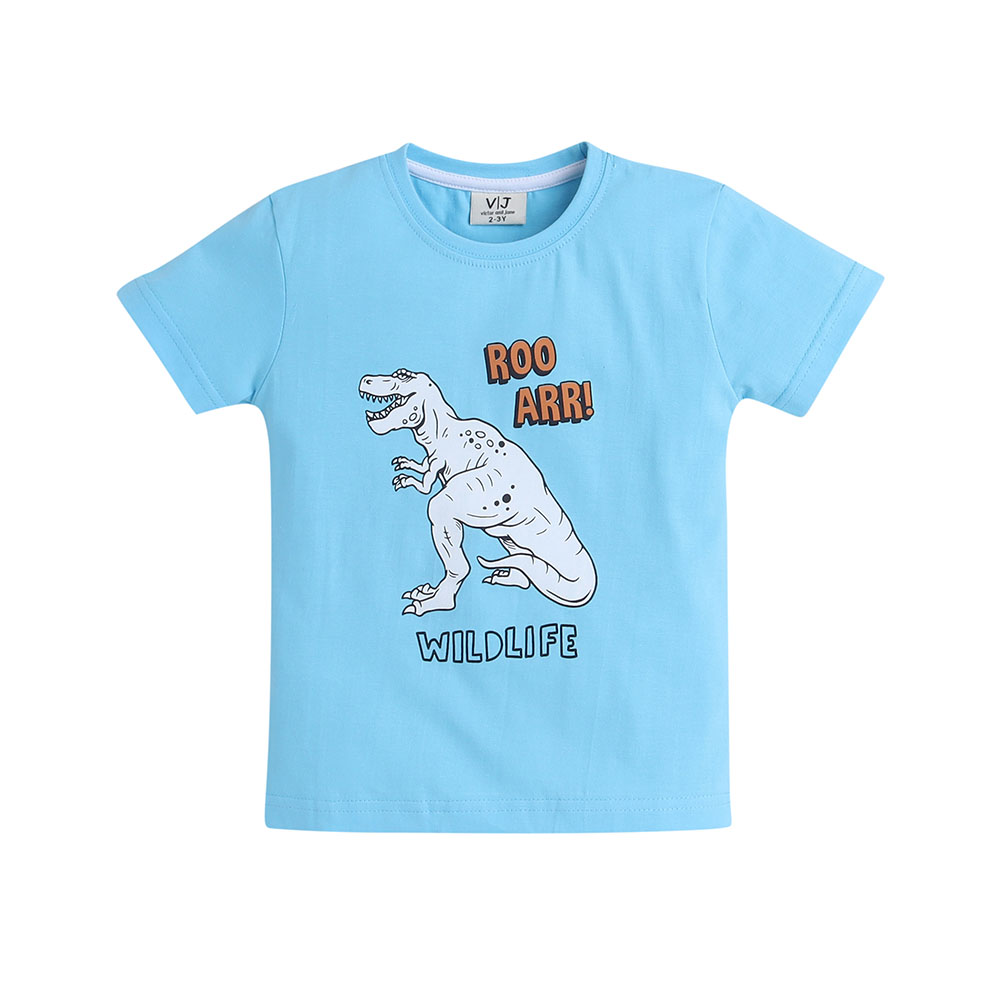 Victor And Jane - 2pc-Set - Boy's Wildlife Printed T-Shirt And Long Pants - Sky Blue
