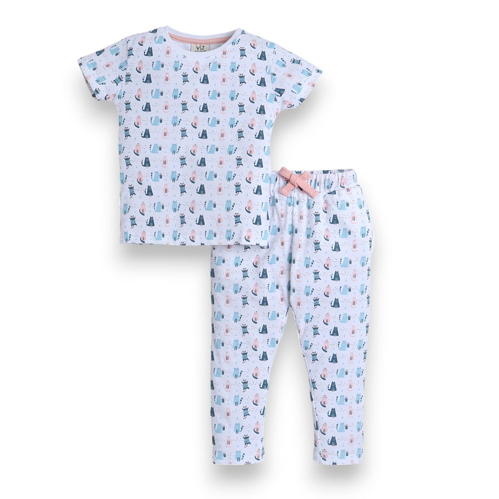 Victor and Jane - All-Over Cats Printed Girls Pyjama Set - Multicolour