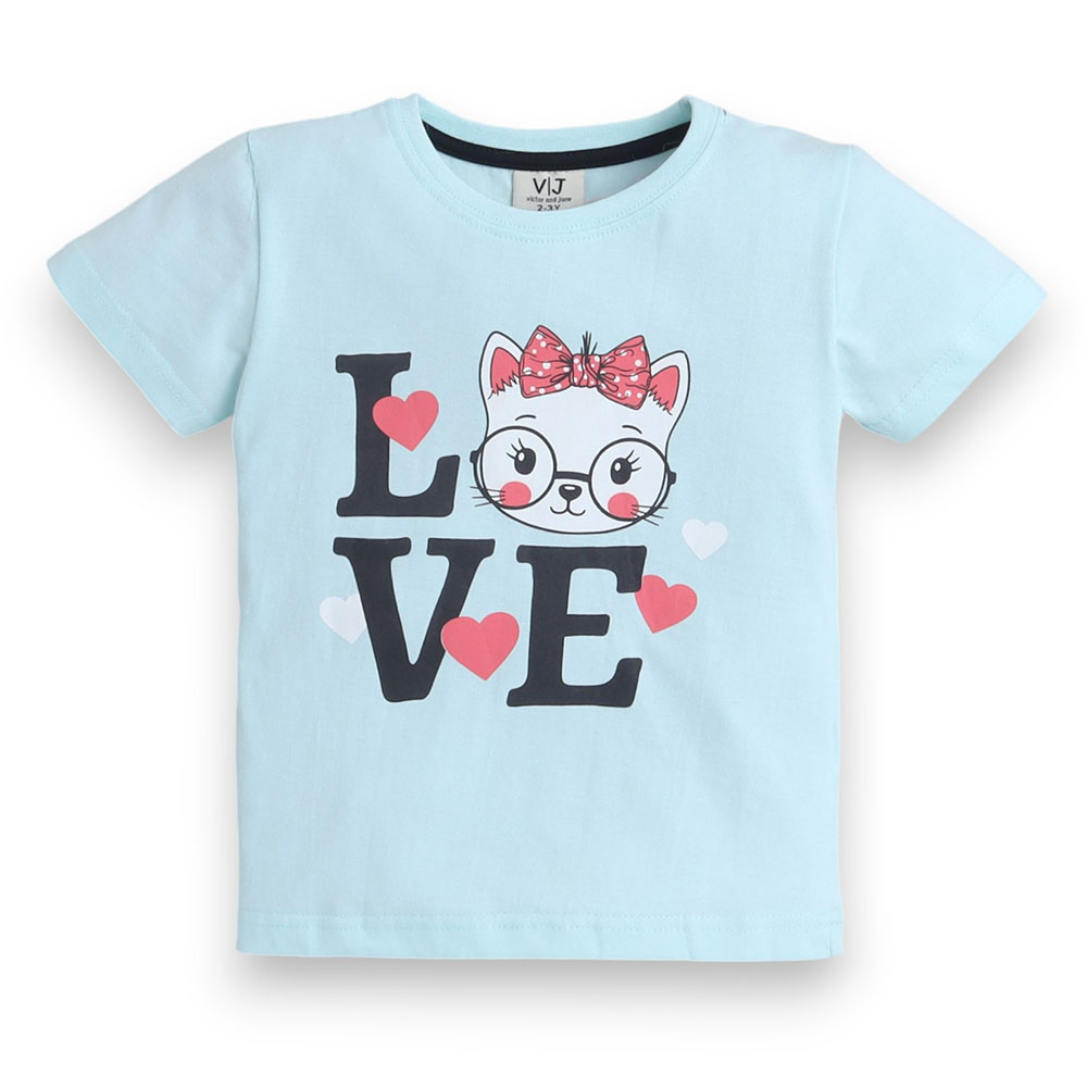 فيكتور آند جين - طقم قطعتين - تي شيرت وشورت لوف للفتيات - أزرق سماوي