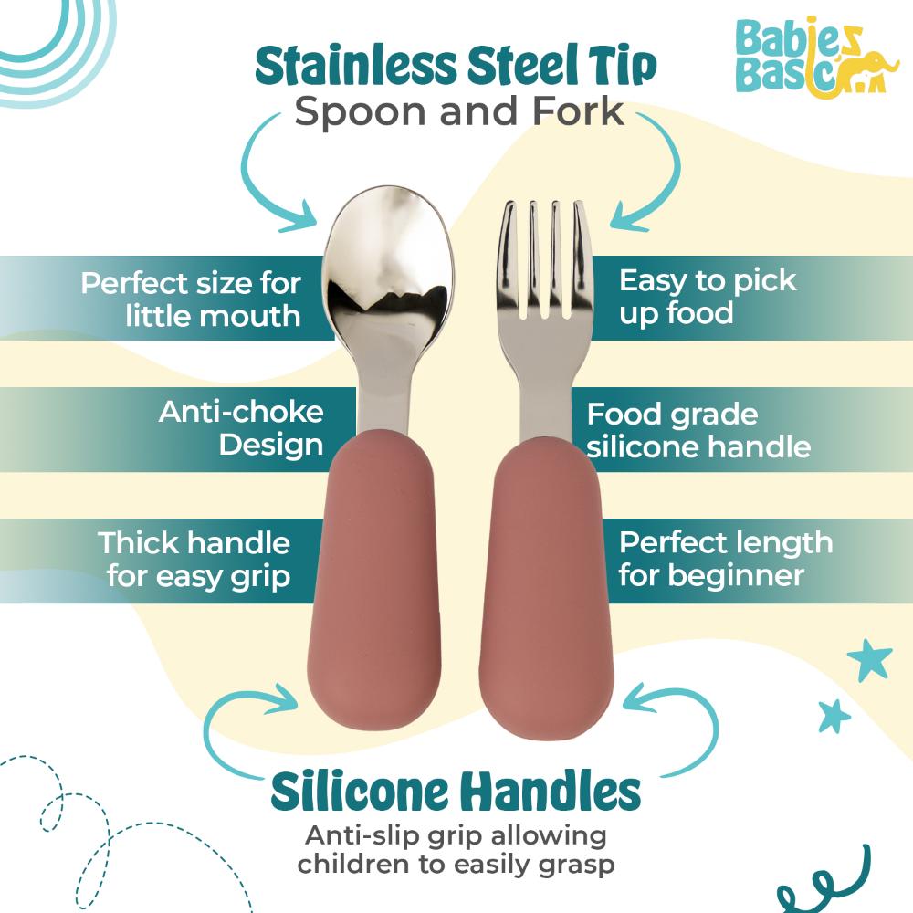 Babies Basic - Stainless Steel Spoon & Fork Cutlery Set - 2pcs - Pink
