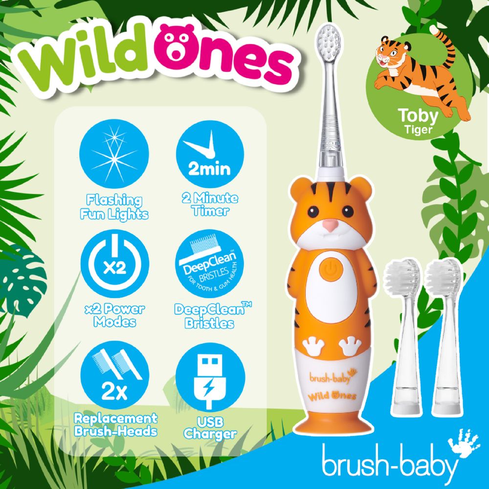 Brush Baby - 2025 Collection Wildones Tiger Kids Electric Rechargeable Toothbrush