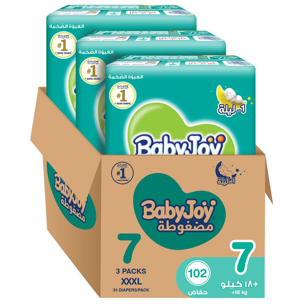 بيبي جوي - حفاضات مضغوطة بوسادة ماسية - الحجم 7 جونيور 3XL - أكثر من 18 كلغ - صندوق كبيرة - عدد 102